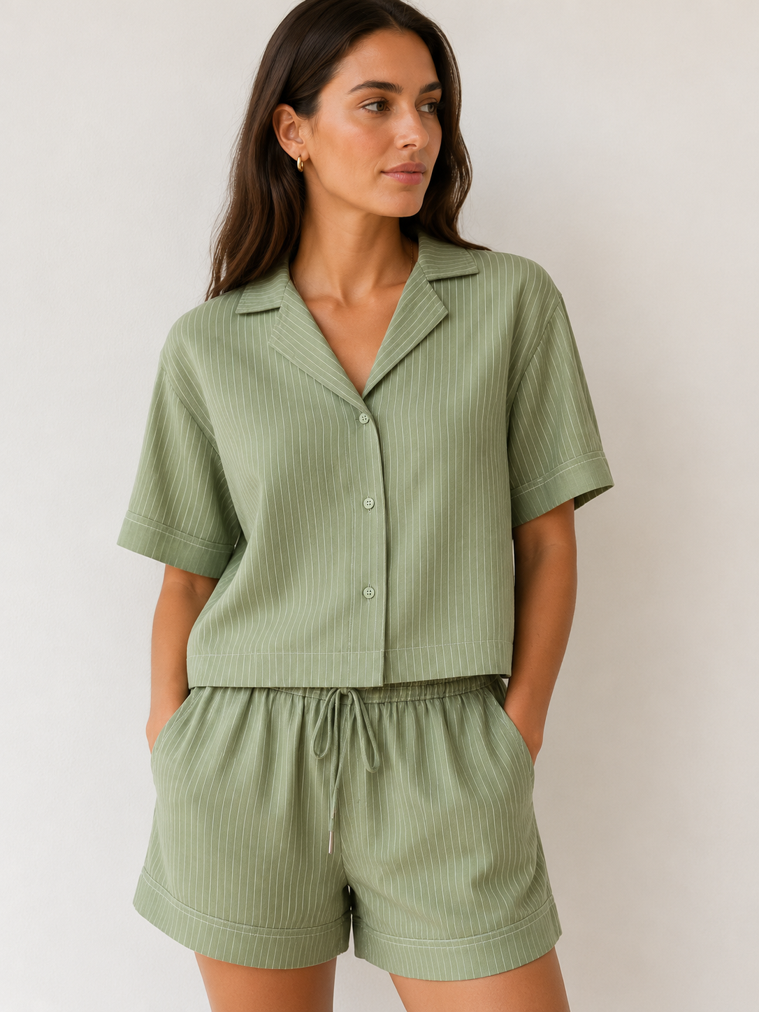 Matcha Pin Stripe Matching Short Set